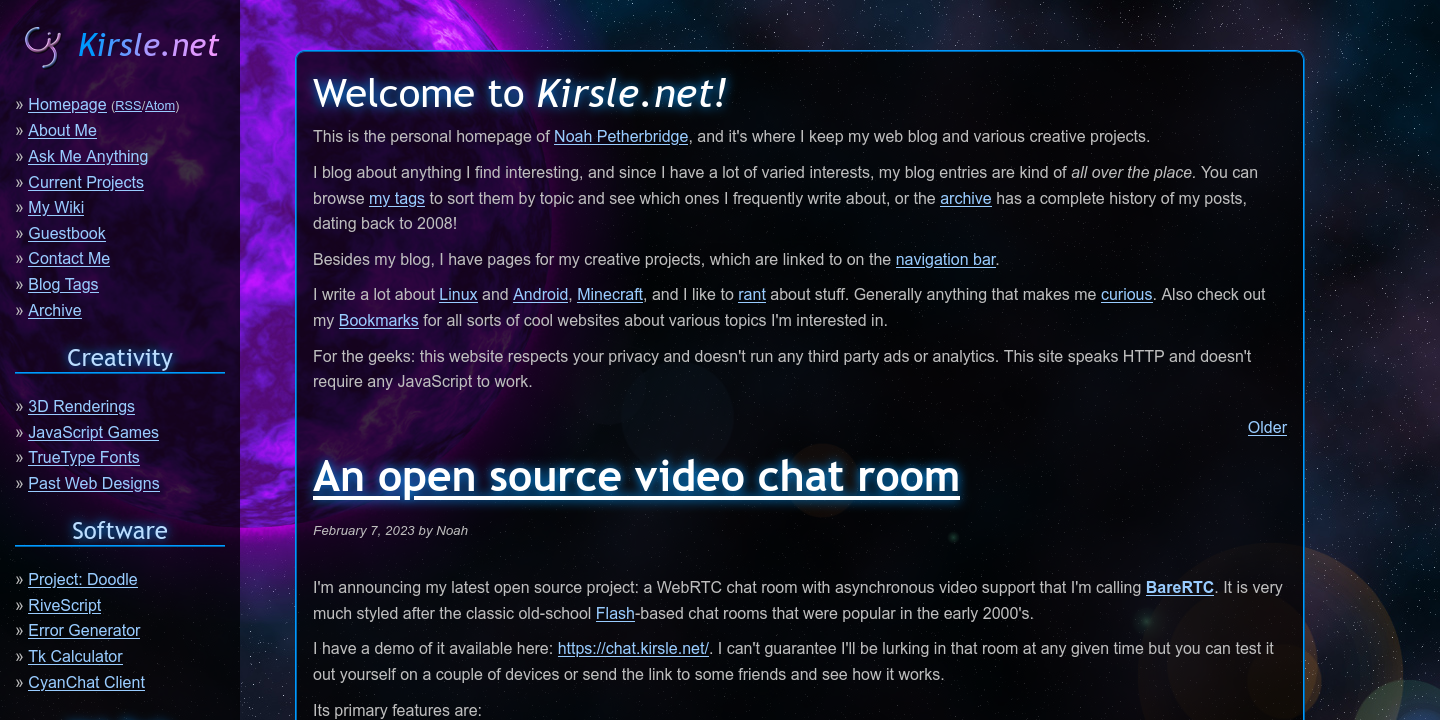 Screenshot of Kirsle.net, my personal homepage and web blog
