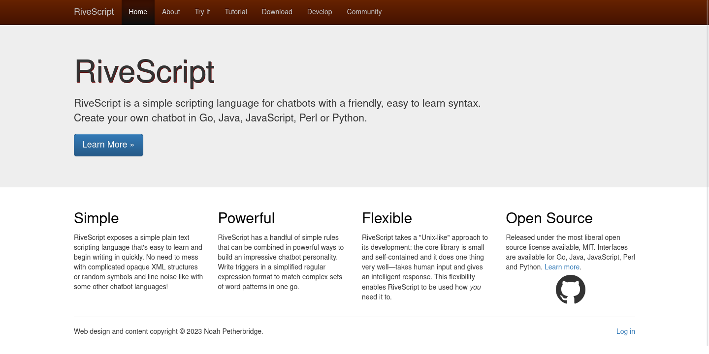 Screenshot of RiveScript.com, a website for my chatbot scripting language