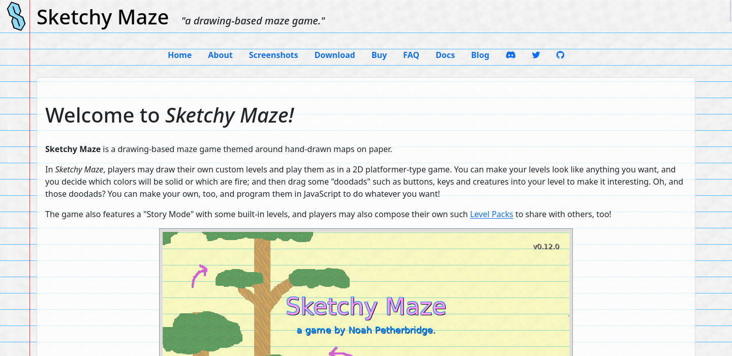 Screenshot of sketchymaze.com, a website for my videogame project
